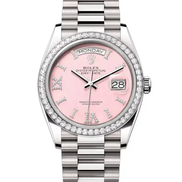 Rolex Rolex Day Date 36mm Ref 128349rbr0008 Pink Opal Diamond Dial Diamond Bezel 18K White Gold President Bracelet Watch Bracelets