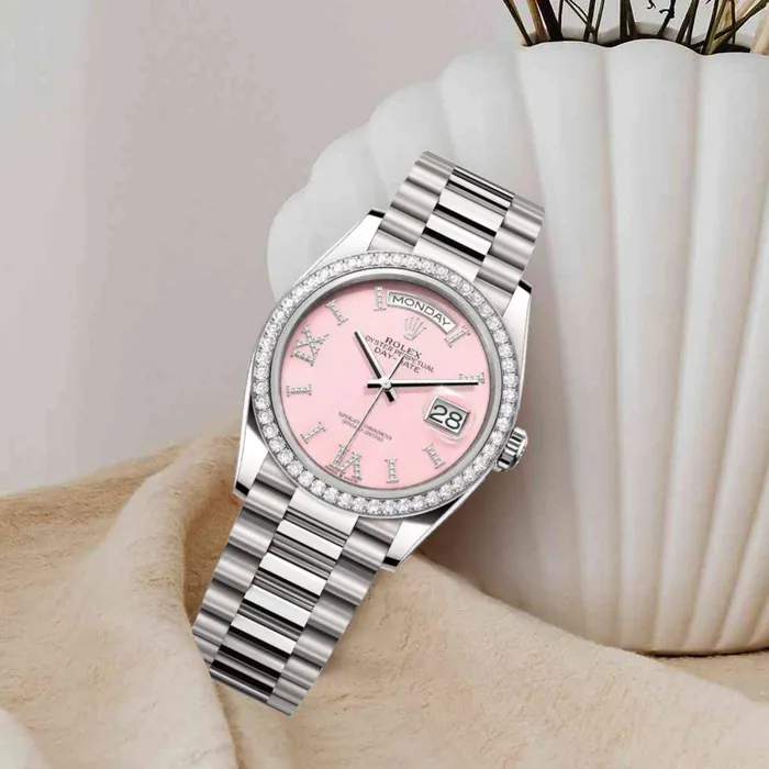 Rolex Rolex Day Date 36mm Ref 128349rbr0008 Pink Opal Diamond Dial Diamond Bezel 18K White Gold President Bracelet Watch Bracelets