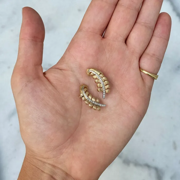 Vintage Diamond 14K Gold Two Tone Feather Pin Croghans Rings