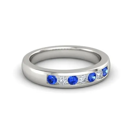 Natural Earth Mined Diamond Round Blue Sapphire Band 250 Carats White Gold 14K GB Rings