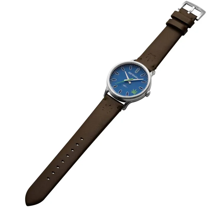 420Waldos Watches 420Waldos Mens Watch Bud Steel Case Blue Dial Dark Brown Leather Strap W1004