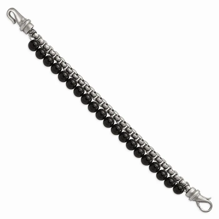 Bracelets Chisel Stainless Steel Brushed Box Chain Black Onyx 2 Strand 85in Bracelet