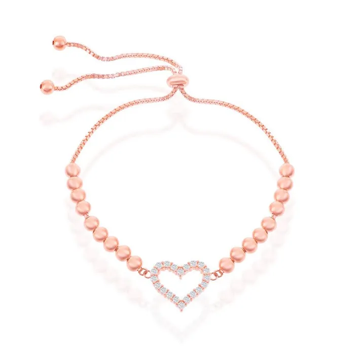 Bracelets Classic Sterling Silver CZ Heart Beaded Adjustable Bolo Bracelet Rose Gold Plated