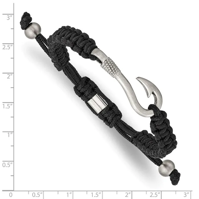Bracelets Stainless Steel Brushed Fishing Hook Black Nylon Adjustable Bracelet Chisel