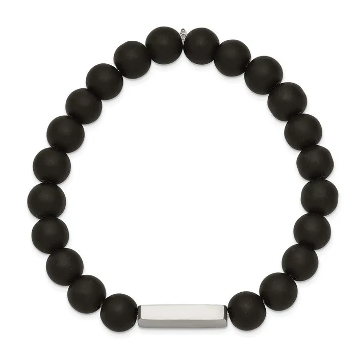 Chisel Bracelets Stainless Steel Polished ID Plate Black Agate Bead Stretch Bracelet Chisel Bracelets Stainless Steel Polished ID Plate Black Agate Bead Stretch Bracelet