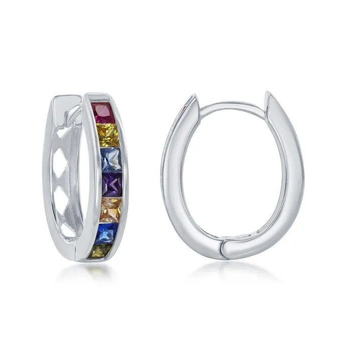 Classic Earrings Sterling Silver Rainbow CZ Oval Hoops Earrings