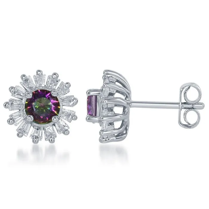 Classic Earrings Sterling Silver Small Round Rainbow CZ with Baguette Border Stud Earrings Classic Earrings Sterling Silver Small Round Rainbow CZ with Baguette Border Stud Earrings