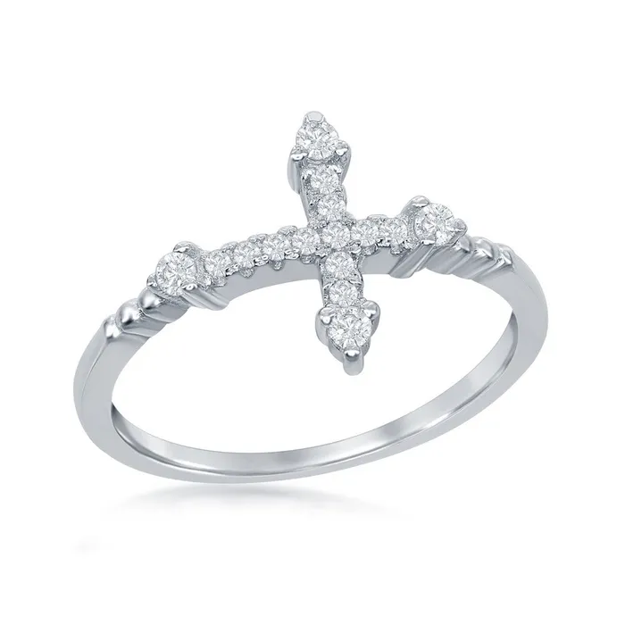 Classic Rings Sterling Silver CZ Micro Pave Cross Ring W1411