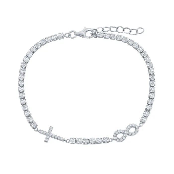 Classic Womens Bracelet Sterling Silver Infinity and Cross Tennis CZ T8001 Classic Bracelets
