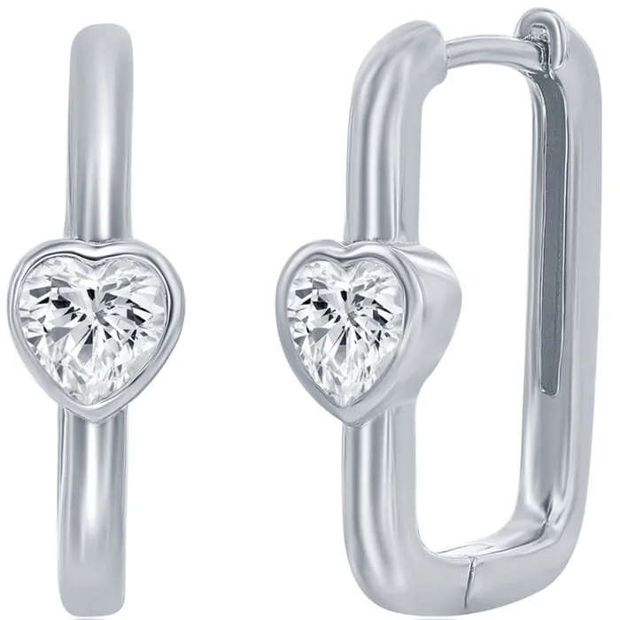Classic Womens Earrings Sterling Silver CZ Heart Shaped Rectangle Hinged D8216 Classic Earrings