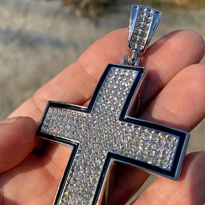 Cross Iced Pendant Flooded Silver Tone Black Trim Bling Cartel Necklaces