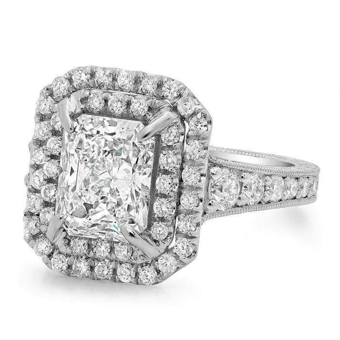 deBebians Radiant Double Halo Engagement Ring with Hand Engraving Rings
