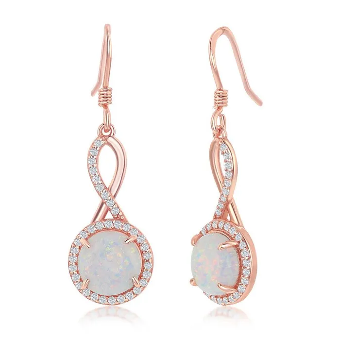 Earrings Classic Sterling Silver Rose GP Design Round White Opal Halo CZ Earrings Earrings Classic Sterling Silver Rose GP Design Round White Opal Halo CZ Earrings