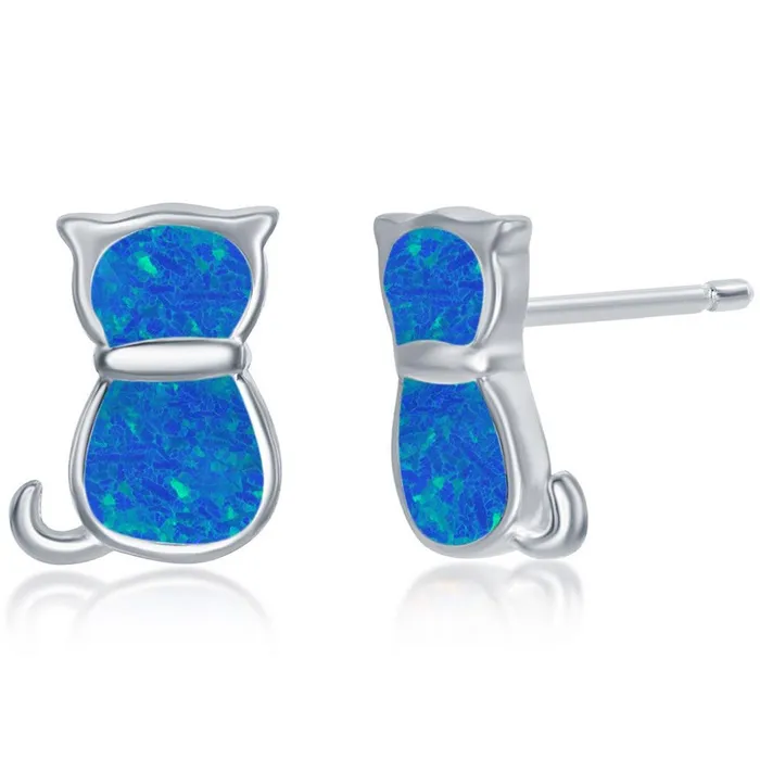 Earrings Classic Womens Necklace and Earrings Set Sterling Silver Blue Opal Cat SET577