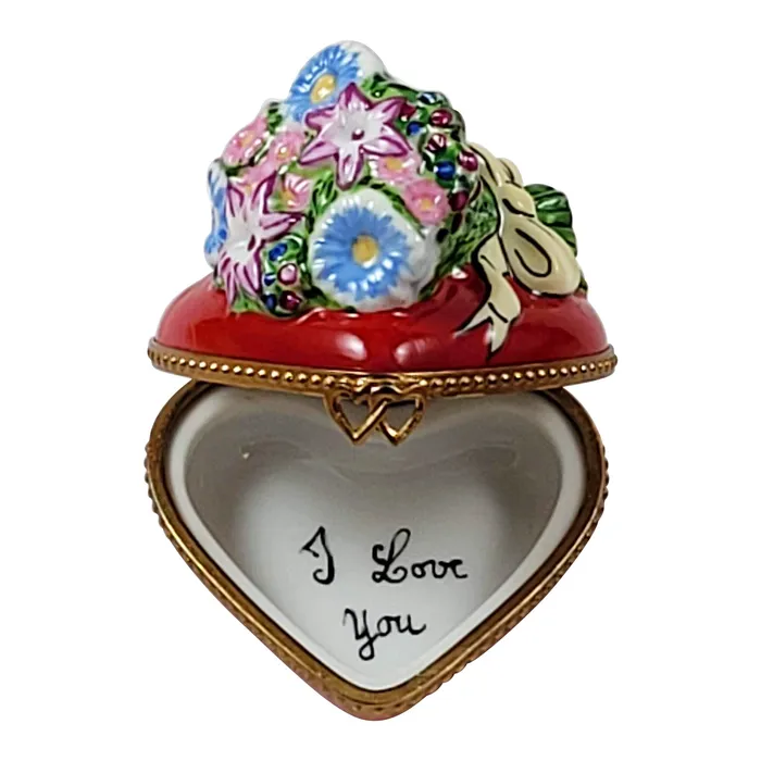 Necklaces Rochard Limoges Rochard Red Heart with Bouquet Of Flowers Limoges Box