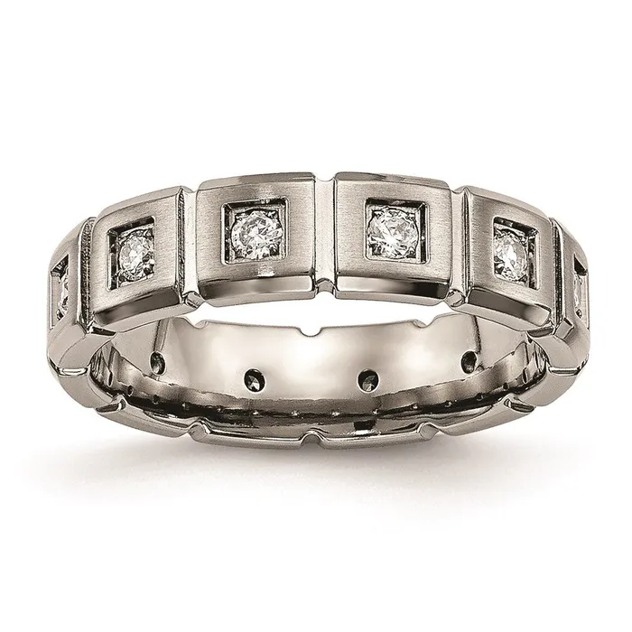 Rings Chisel Titanium BrushedPolished Grooved CZ Ring TB487