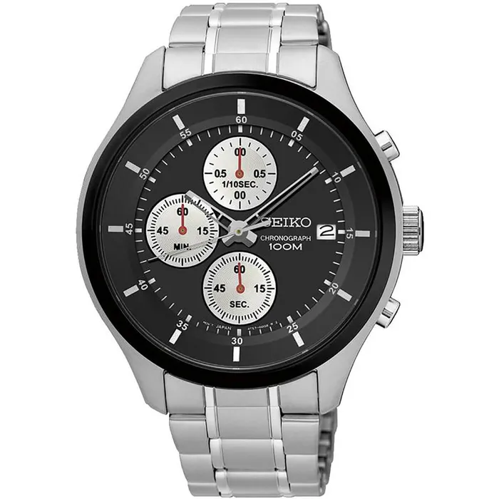 SEIKO Bracelets Seiko Mens Chronograph Watch Neo Sports Black and Silver Dial Bracelet SKS545P1