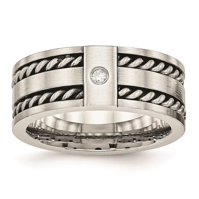 Stainless Steel Antiqued and Brushed with CZ Twisted 900mm Band Chisel Rings