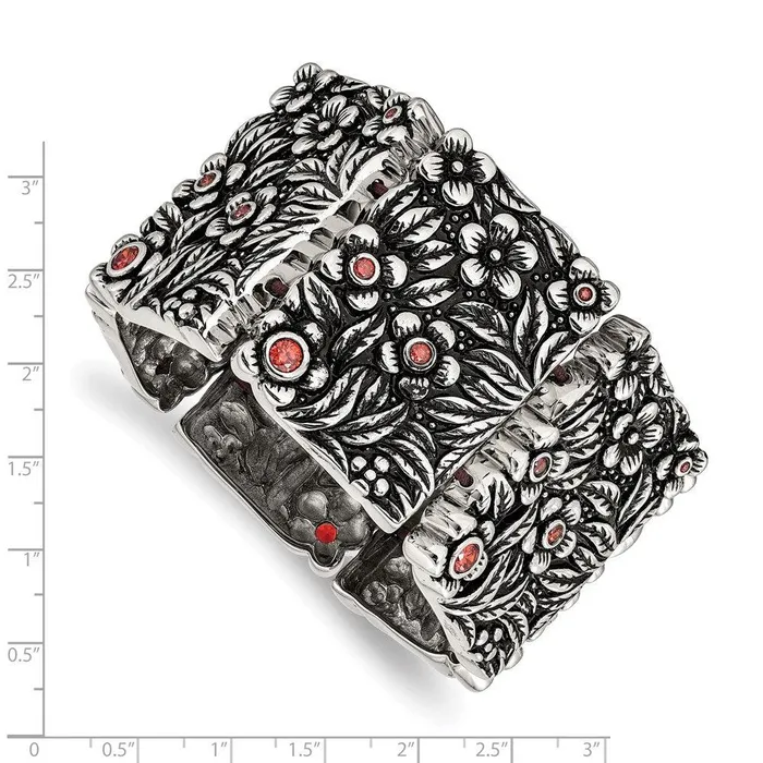 Stainless Steel PolishedAntiqued Red CZ Stretch Bracelet Chisel Bracelets