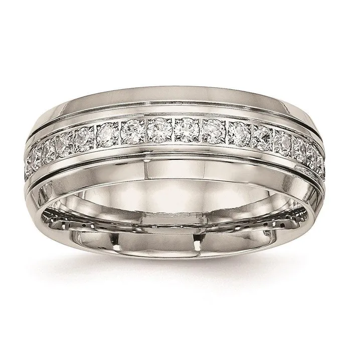 Stainless Steel Polished Half Round Grooved CZ Ring Chisel Rings