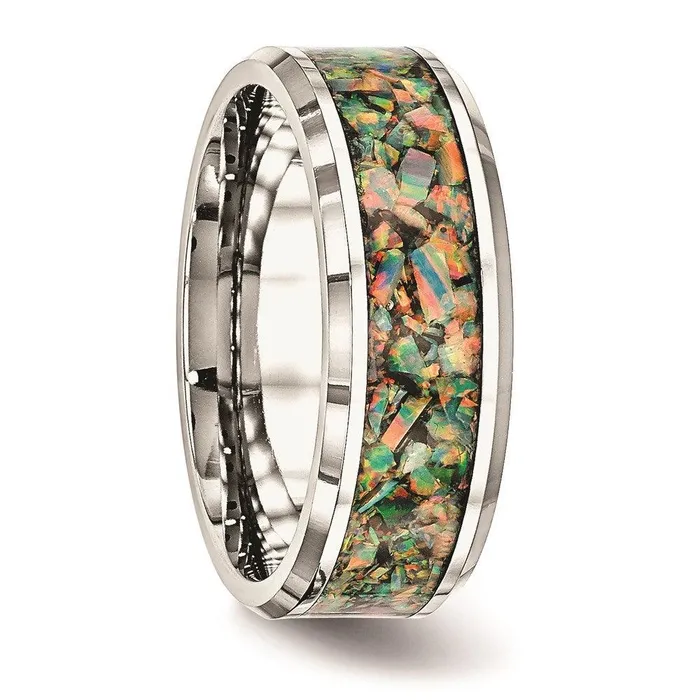 Stainless Steel Polished with Imitation Opal 8mm Mens Ring Chisel Rings