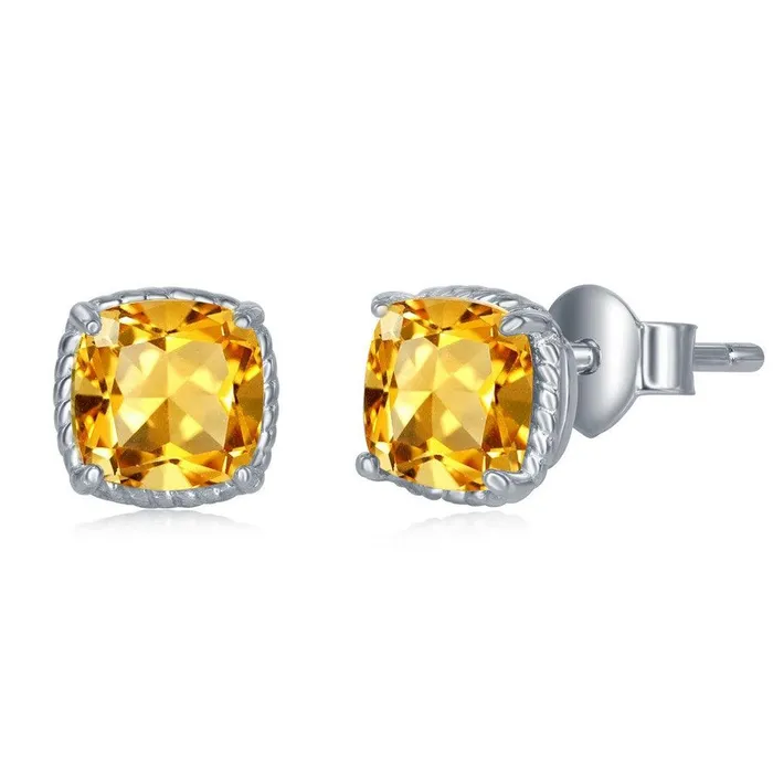Sterling Silver 6mm Cushion Cut Citrine Earrings Classic Earrings