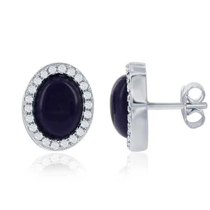 Sterling Silver Oval Navy Lapis Stud Earrings Classic Earrings
