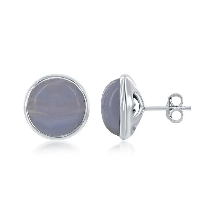 Sterling Silver Round Blue Lace Agate Bezel Set Stud Earrings Classic Earrings Sterling Silver Round Blue Lace Agate Bezel Set Stud Earrings Classic Earrings