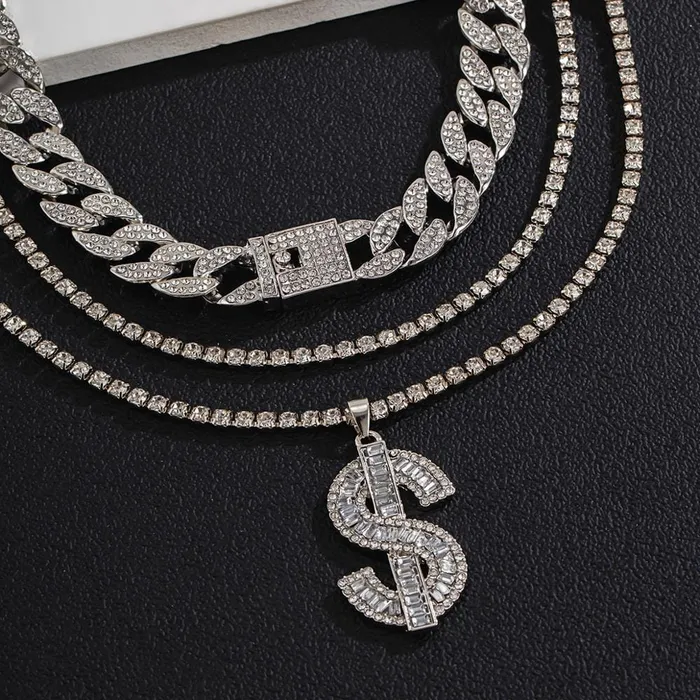 VVS Jewelry GoldSilver Cuban Tennis Dollar Sign Choker Bundle PreStyled Sets
