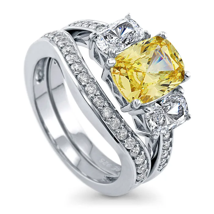 3Stone Canary Yellow Cushion CZ Ring Set in Sterling Silver BERRICLE Rings