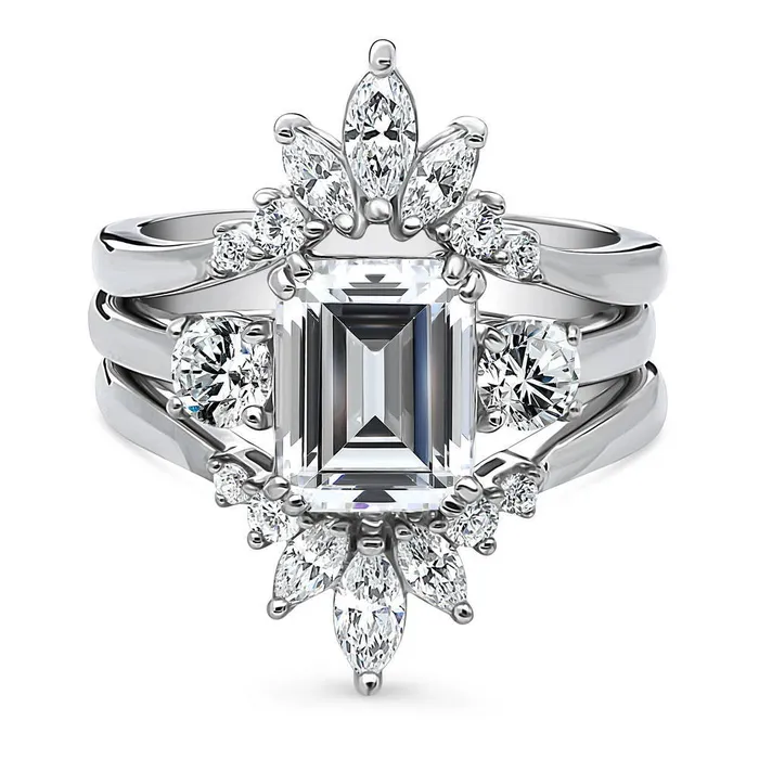 3Stone Flower 26ct Emerald Cut CZ Ring Set in Sterling Silver BERRICLE Rings 3Stone Flower 26ct Emerald Cut CZ Ring Set in Sterling Silver BERRICLE Rings
