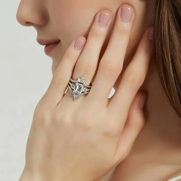 3Stone Flower 26ct Emerald Cut CZ Ring Set in Sterling Silver BERRICLE Rings