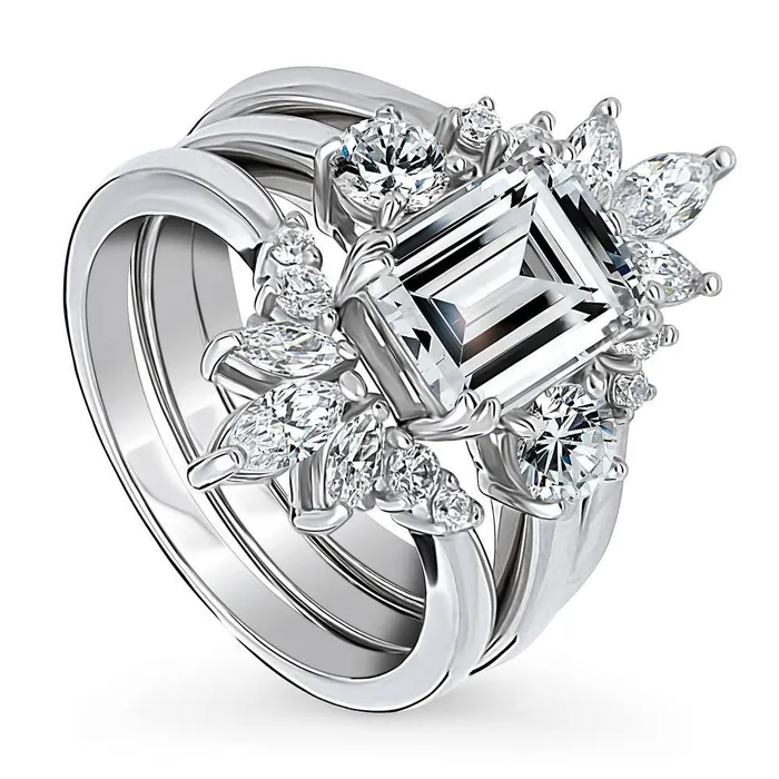 3Stone Flower 26ct Emerald Cut CZ Ring Set in Sterling Silver BERRICLE Rings
