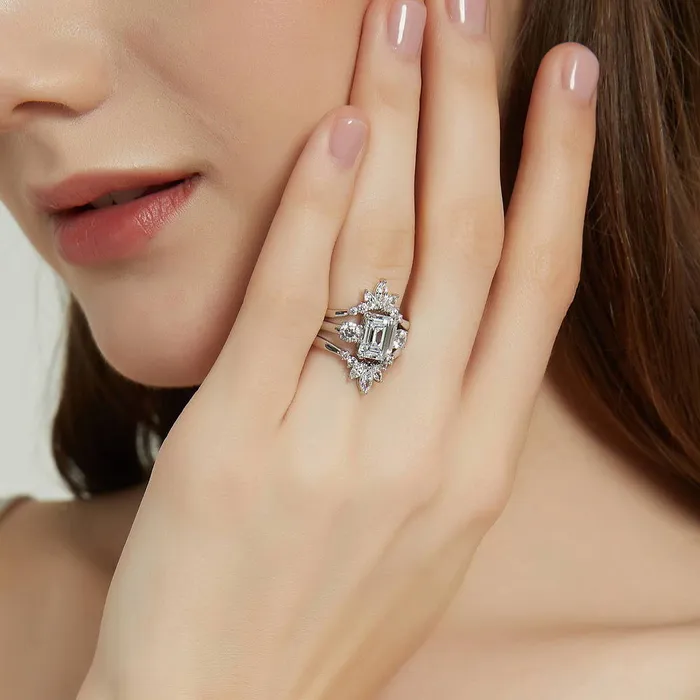 3Stone Flower 26ct Emerald Cut CZ Ring Set in Sterling Silver BERRICLE Rings