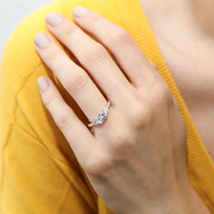 BERRICLE 3Stone EastWest 1ct Emerald Cut CZ Ring Set in Sterling Silver Rings