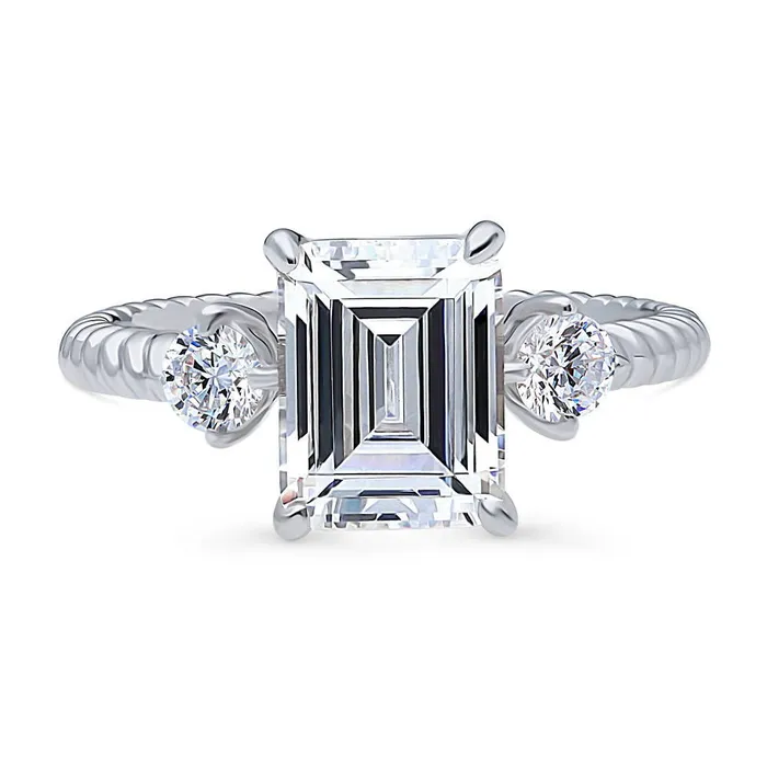 BERRICLE 3Stone Woven 26ct Emerald Cut CZ Ring in Sterling Silver Rings