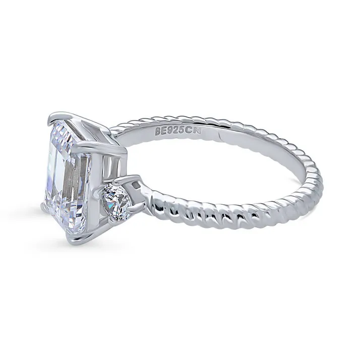 BERRICLE 3Stone Woven 26ct Emerald Cut CZ Ring in Sterling Silver Rings