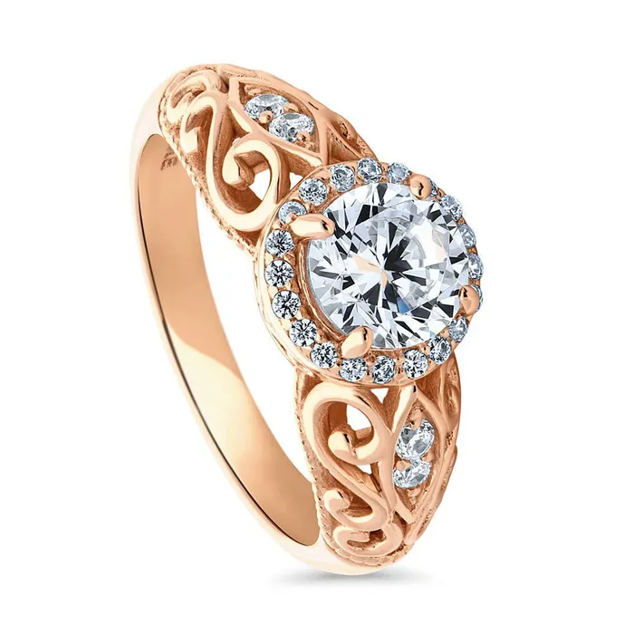 BERRICLE Halo Art Deco CZ Ring in Rose Gold Plated Sterling Silver Rings