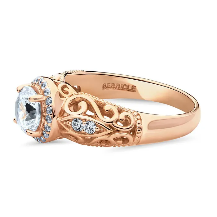 BERRICLE Halo Art Deco CZ Ring in Rose Gold Plated Sterling Silver Rings
