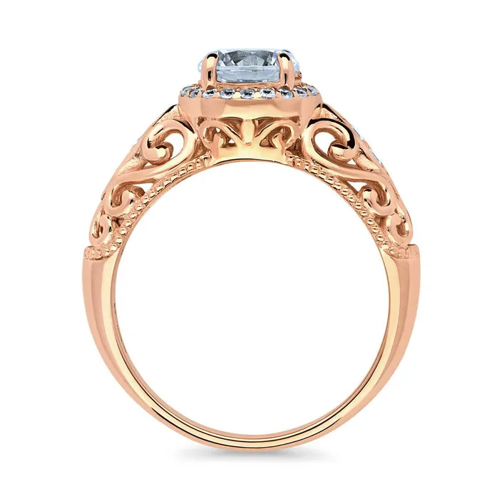 BERRICLE Halo Art Deco CZ Ring in Rose Gold Plated Sterling Silver Rings