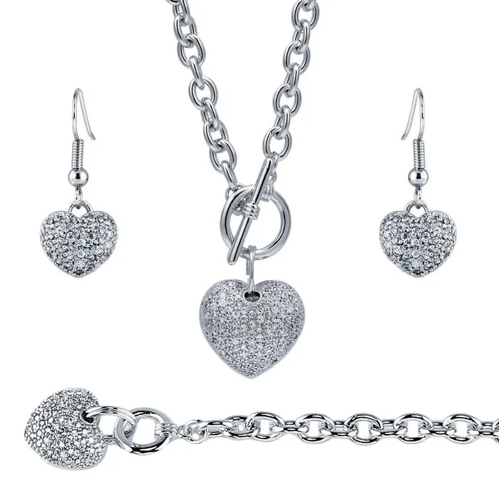 BERRICLE Necklaces Heart CZ Necklace Earrings and Bracelet in SilverTone