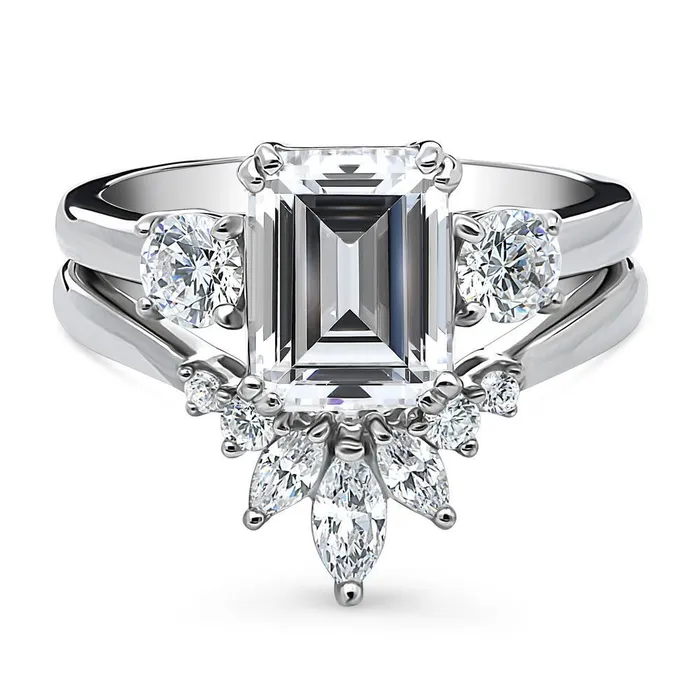 BERRICLE Rings 3Stone Flower 26ct Emerald Cut CZ Ring Set in Sterling Silver BERRICLE Rings 3Stone Flower 26ct Emerald Cut CZ Ring Set in Sterling Silver