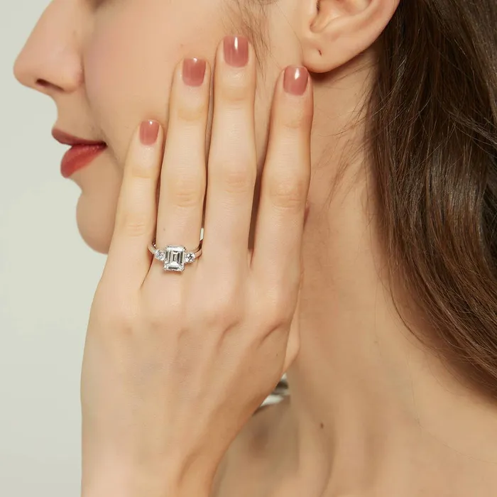BERRICLE Rings 3Stone Flower 26ct Emerald Cut CZ Ring Set in Sterling Silver