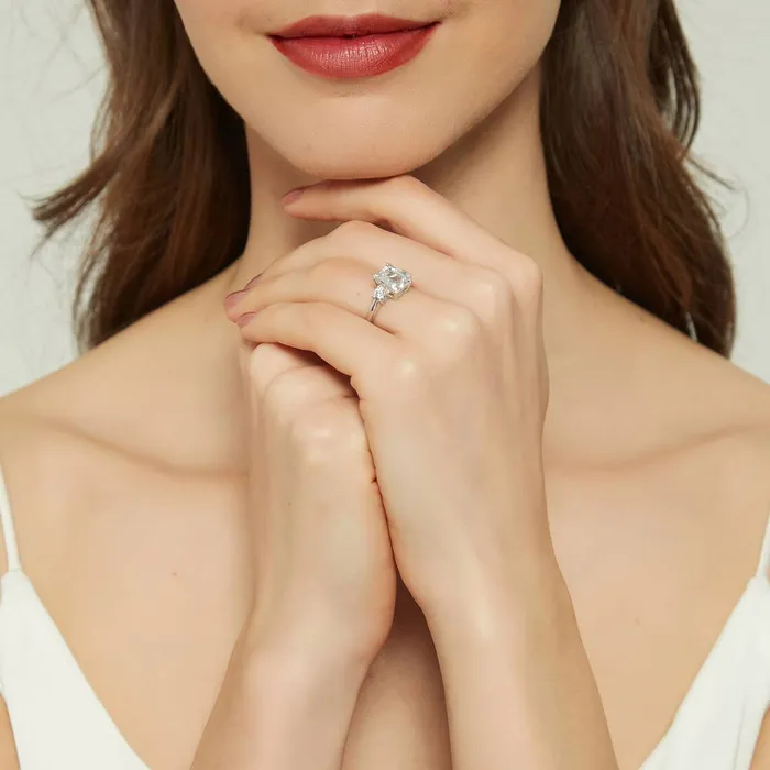 BERRICLE Rings 3Stone Flower 26ct Emerald Cut CZ Ring Set in Sterling Silver