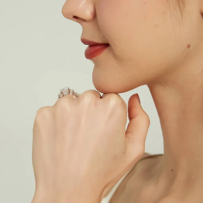 BERRICLE Rings 3Stone Flower 26ct Emerald Cut CZ Ring Set in Sterling Silver