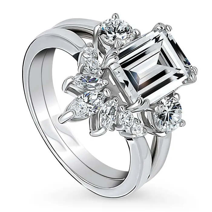 BERRICLE Rings 3Stone Flower 26ct Emerald Cut CZ Ring Set in Sterling Silver