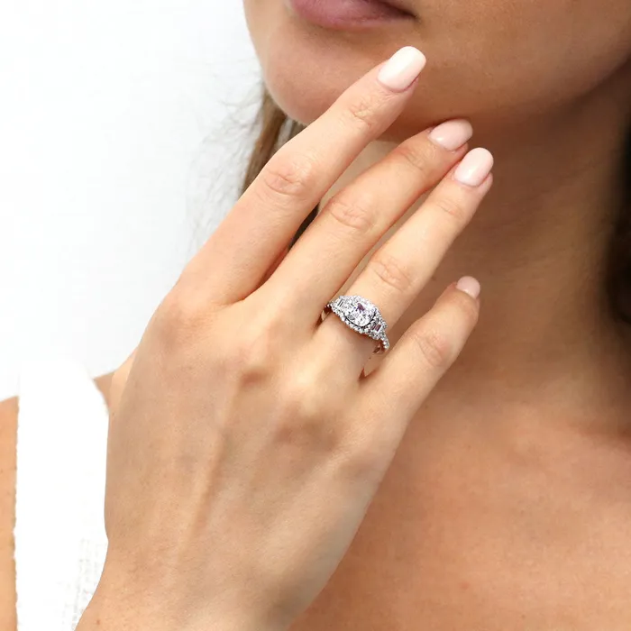 BERRICLE Rings 3Stone Halo 2ct Cushion CZ Ring in Sterling Silver