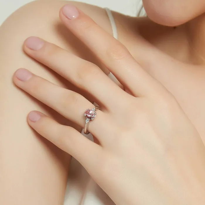 BERRICLE Rings 3Stone Morganite Color Oval CZ Ring in Sterling Silver 12ct