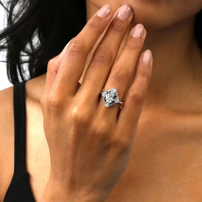 BERRICLE Rings Halo Flower Oval CZ Ring in Sterling Silver