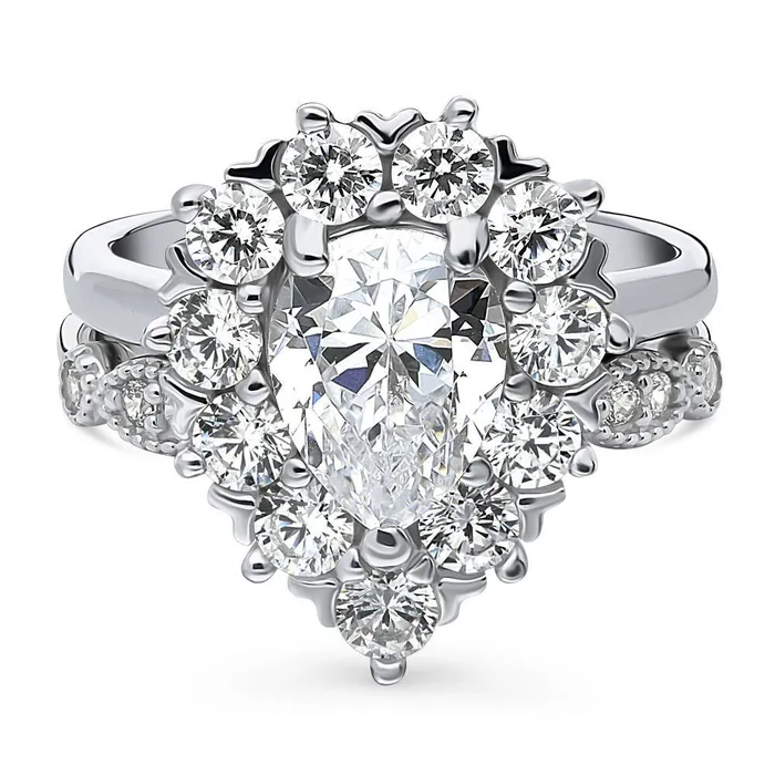 BERRICLE Rings Halo Milgrain Pear CZ Ring Set in Sterling Silver